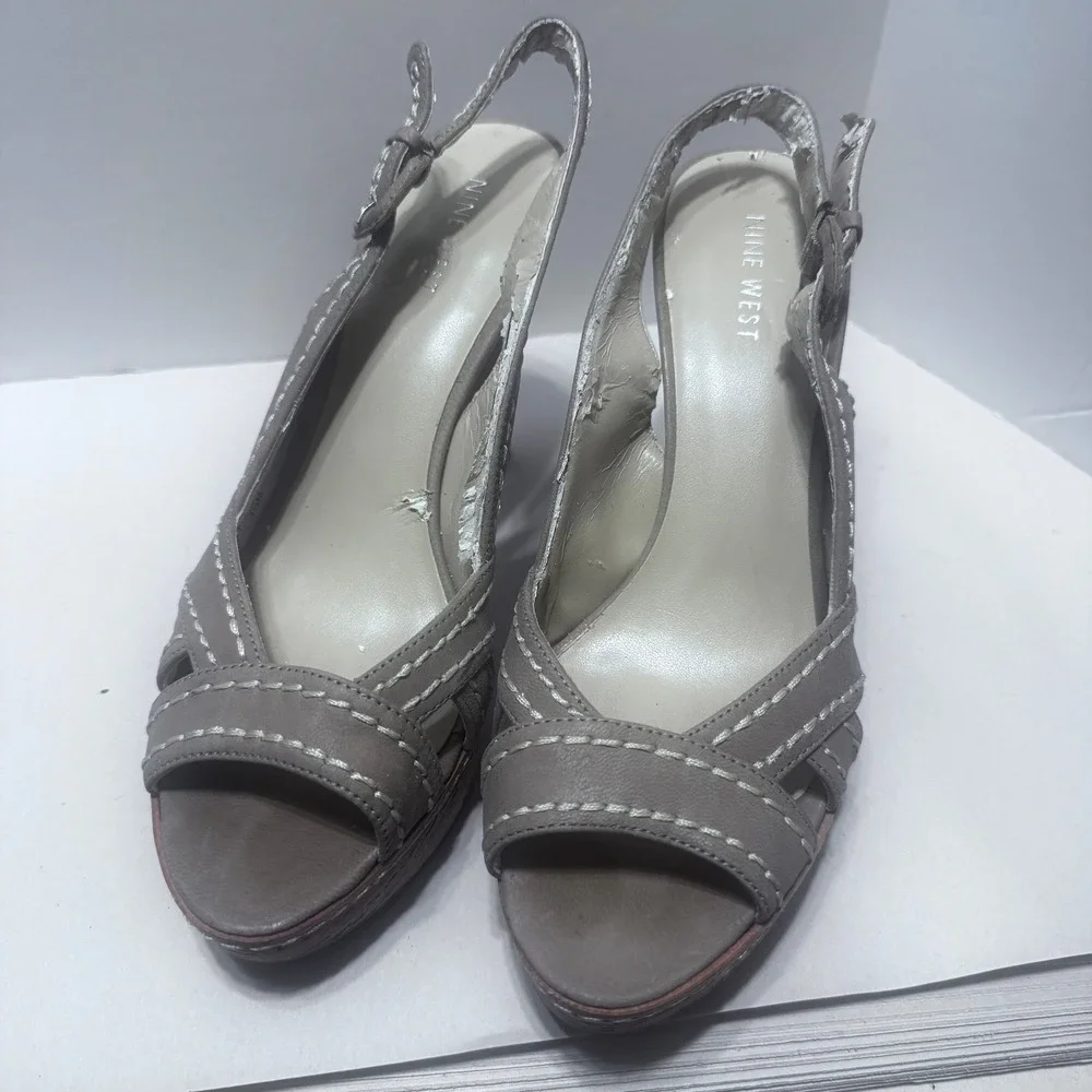 Nine West Pokero Taupe Leather Cork Slingback Heels tan leather 7.5 Boho Y2K